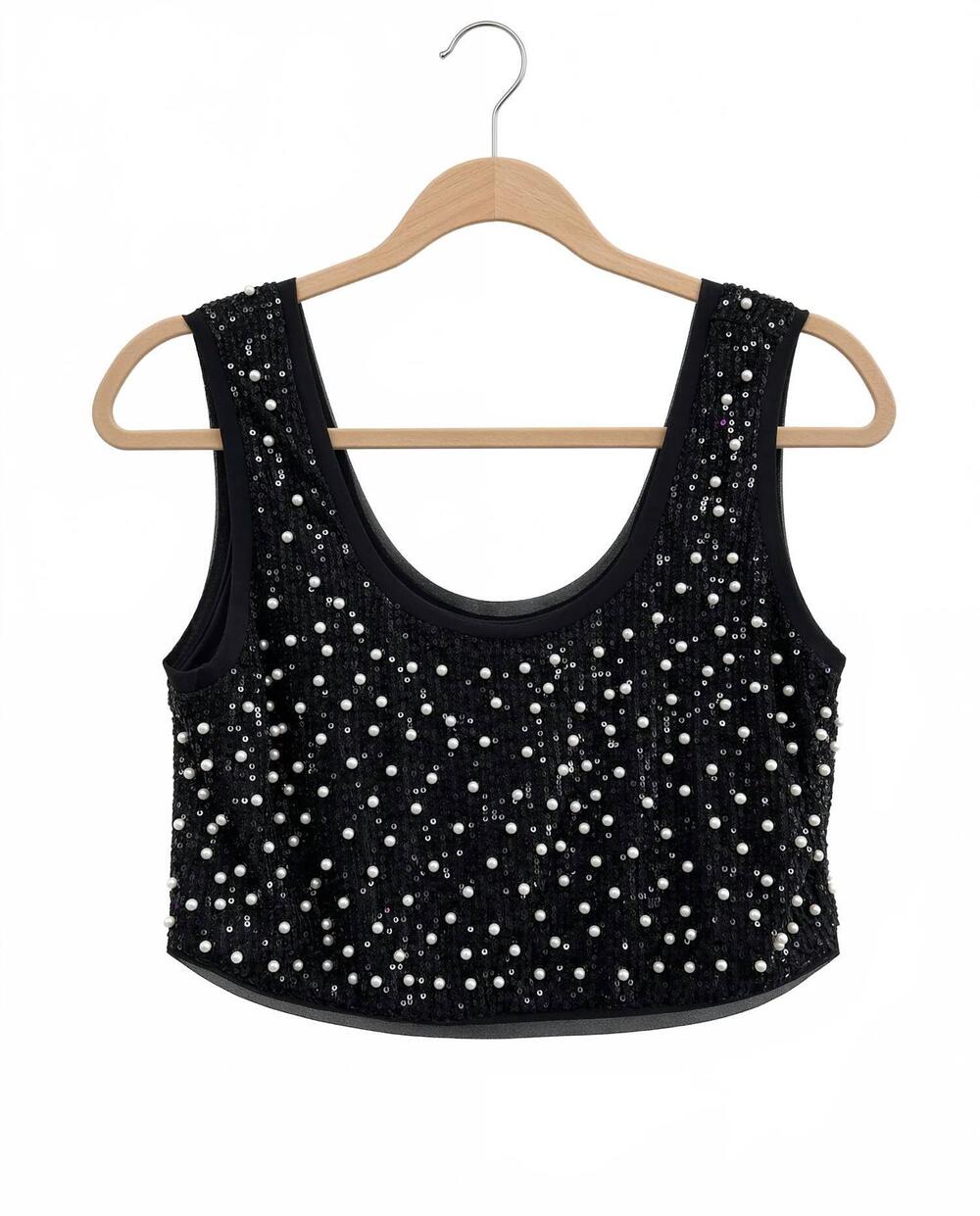 NEW MABLE women's sequin and pearl sleeveless crop top in black